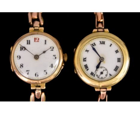 A Lady's Manual Wind Wristwatch, 9ct gold case, 26mm diameter, white enamelled dial with Arabic baton numerals, a 9ct gold ex