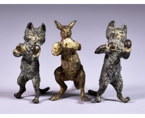 Three Cold Painted Bronze Figures of Boxing Animals, in the manner of Franz Bergman (1861-1936), two cats and one kangaroo, e