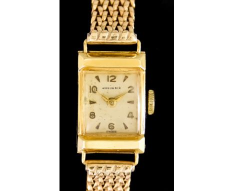 A Lady's 18ct Gold Manual Wind Cocktail Watch, by Huguenin, 18ct gold case, 20mm x 13mm, silver dial with Arabic and baton nu