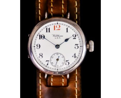 A Gentleman's Manual WInd Wristwatch, Circa 1916,&nbsp;by Waltham, in the trench watch manner, silver case, 33mm diameter, wi