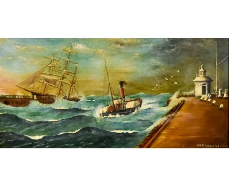 G. W. Simmons (19th Century)&nbsp;- Oil painting - Seascape with paddle steamer sailing by pier, signed and dated 1907, 5.75i