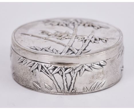 An Early 20th Century Chinese Export Silver Circular Box, by&nbsp;Luen Wu,&nbsp;with hinged cover, embossed with bamboo shoot