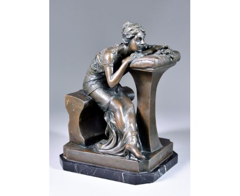 20th/21st Century School - Bronze figure, in&nbsp;the manner of Pierre-Jules Mene (1810-1879) - Seated young woman, her head 