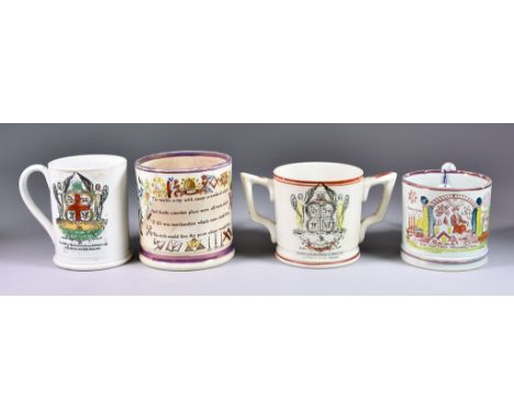 Four 19th Century Sunderland Style Masonic Mugs, comprising: - a tankard-shaped 'frog' mug with overpainted transfer decorati