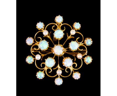 A 15ct Gold Opal Pendant, set with fifteen opals interspaced by seed pearls, 30mm diameter, gross weight 6.2gThe item present