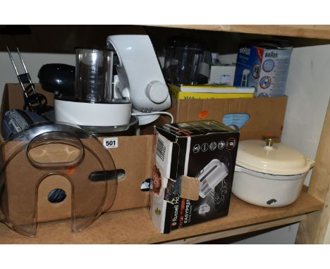 TWO BOXES OF ELECTRICAL KITCHENWARE, to include a boxed Russell Hobbs 'Easyprep' hand mixer, a Bosch food processor, a Bosch 