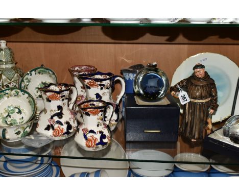 TWO BOXED CAITHNESS PAPERWEIGHTS AND MASON'S IRONSTONE, comprising a Royal Doulton figure 'The Jovial Monk' HN2144, a signed 