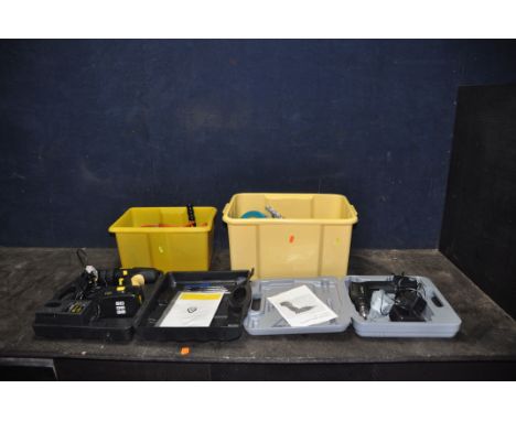 TWO TRAYS CONTAINING POWER TOOLS including a McKeller 18v drill in case with one battery and charger, a Maxtel 9750 cordless 
