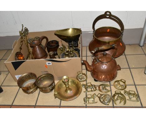 A BOX AND LOOSE OF METALWARE, ETC, including an electric copper kettle, a Middle Eastern copper and brass cauldron, two toast