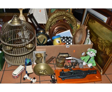 TWO BOXES OF METALWARE, TABLE LAMPS AND FRAMED PRINTS, to include a large brass bird cage with two feeding dishes, copper and