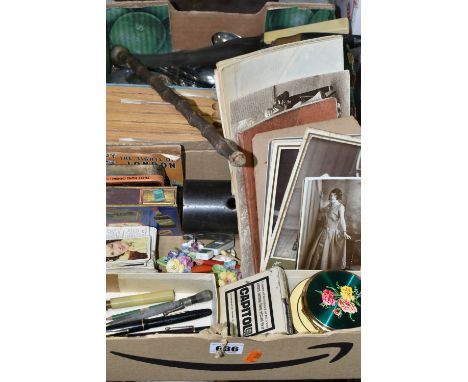 TWO BOXES OF EPHEMERA, CUTLERY, COMPACTS, COLLECTABLES, TWO AMBROTYPES, ETC, including eight cabinet photographs, one with a 