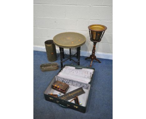 A BRASS TOP CIRCULAR TABLE, on a separate barley twist base, diameter 60cm x height 59cm, two other brass items, a modern tri