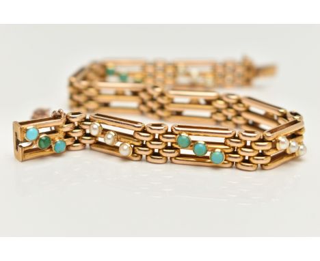 A SPLIT PEARL AND TURQUOISE BRACELET, the bracelet of brick link style with alternate links set with diagonal lines of three 