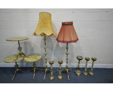 A SELECTION OF FRENCH ONYX STYLE AND BRASS OCCASIONAL FURNITURE, to include three circular tripod tables, four standard lamps
