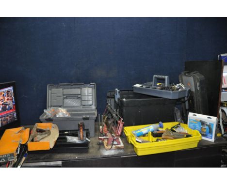 TWO PLASTIC TOOLBOXES CONTAINING TOOLS including a boxed Stanley No5 plane, a Woden NoW4 plane, core drills, two mitre saws, 