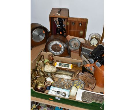 A CASED BECK MICROSCOPE, FOUR VARIOUS MANTEL CLOCKS AND A BOX OF BRASSWARE, CAR BADGES, DRESSING TABLE ITEMS, ETC, the micros