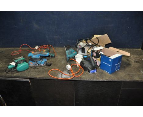 A TRAY CONTAINING POWER TOOLS including a Black and Decker power plane, a Nu Power power plane, a Black Spur sander, a Powerb