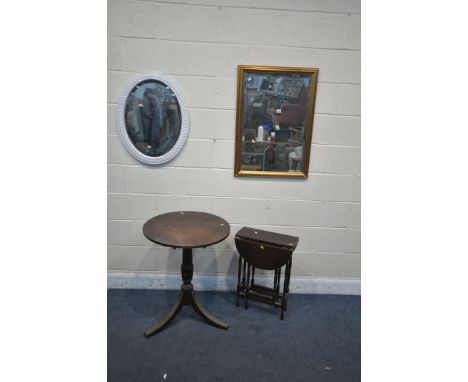 A GEORGIAN MAHOGANY CIRCULAR TILT TOP TRIPOD TABLE, diameter 59cm x height 72cm, a small drop leaf table, high back chair, a 