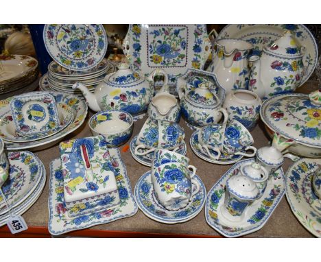 A QUANTITY OF MASON'S 'REGENCY' PATTERNED TEAWARE, comprising one large breakfast cup and saucer, teapot, two square cake pla