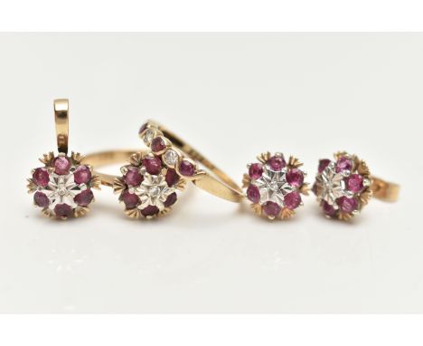 TWO 9CT GOLD RUBY AND DIAMOND RINGS, EARRINGS AND A PENDANT, the first a cluster ring, set with a single cut diamond in a sur