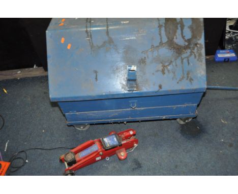 A MECHANICS ROLLING TOOLBOX containing tools including a vintage Torque wrench, spanners, mallets, hammers, screwdrivers, a t