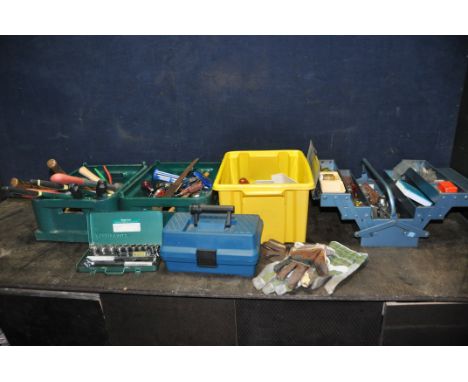 TWO TOOLBOXES AND THREE TRAYS CONTAINING TOOLS including ratchets, spanners, a Kamasa socket set, hammers, croppers, screwdri