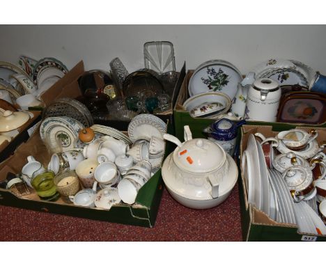 SIX BOXES OF DINNERWARE AND GLASSWARE, to include a large cream soup tureen with ladle and lid, a Royal Albert 'Reverie' desi