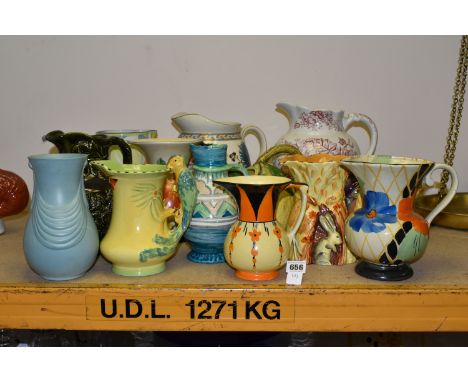 THIRTEEN CERAMIC JUGS AND VASES, to include 1930s hand painted jugs by Wadeheath, Burgess &amp; Leigh, Myott, Son &amp; Co, a