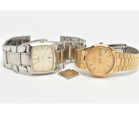 TWO GENTLEMAN'S WRISTWATCHES, to include a Seiko quartz gold coloured stainless steel watch with day and date dial, together 