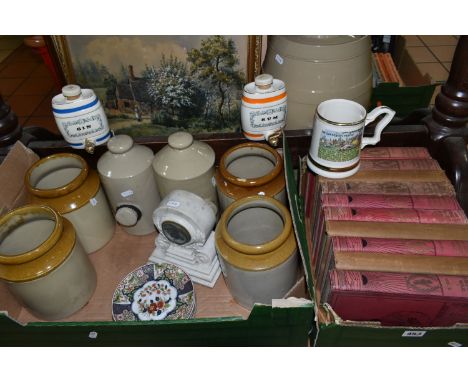 TWO BOXES OF BOOKS AND STONEWARE POTS, comprising ten volumes of The History Of The Great European War by W.Stanley macbean K