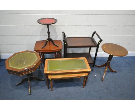 A SELECTION OF OCCASIONAL FURNITURE, to include an octagonal drum table, two nest of tables, tripod table, two graduated side