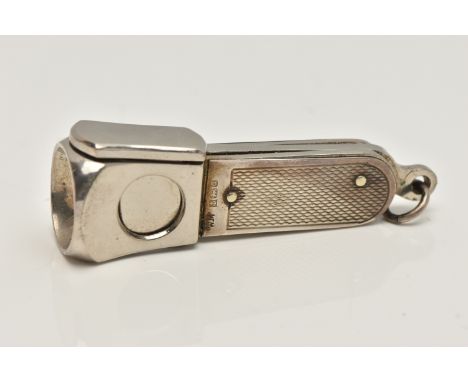 A LATE 20TH CENTURY SILVER CIGAR CUTTER, engine turned pattern with manual mechanism, hallmarked 'William Manton' Birmingham 