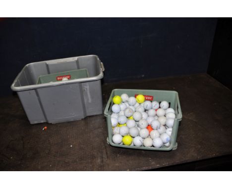 A PLASTIC BOX CONTAINING USED GOLF BALLS from Titleist, Callaway, Dunlop etc