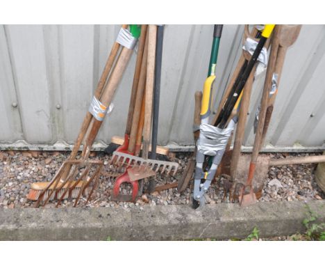 THREE BUNDLES OF GARDEN TOOLS including forks, rakes, hoes, spades, shears etc
