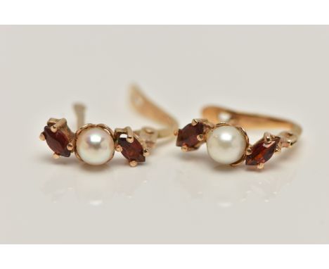 A PAIR OF YELLOW METAL GARNET AND PEARL EARRINGS, each earring set with a single cultured pearl between two marquise cut garn