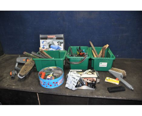 FOUR SMALL TRAYS AND LOOSE CONTAINING TOOLS including a boxed Stanley Bailey No4 plane a drain cleaner, hammers, secateurs, e