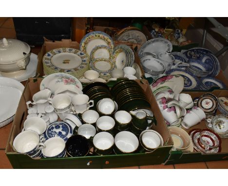 FOUR BOXES OF TEA AND DINNERWARE, comprising a large quantity of green and gold French Apilco porcelain  tea ware, a Susie Co