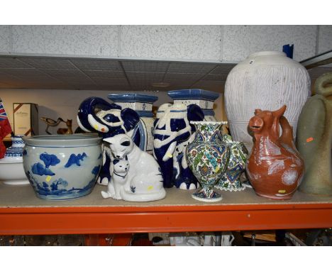 A GROUP OF LARGE CERAMICS AND SCULPURES, comprising a studio pottery heron sculpture, height 50cm (tip of beak chipped), a pa