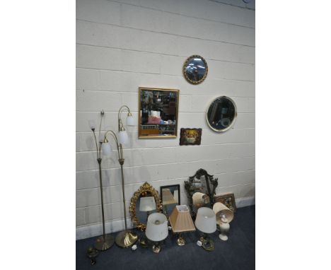 A SELECTION OF MIRRORS AND LIGHTING, to include eight wall mirrors of various styles, along with two triple branch standard l