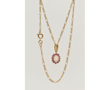 A 9CT GOLD RUBY AND OPAL PENDANT NECKLACE, the pendant of an oval form, claw set with an oval cabochon, within a surround of 