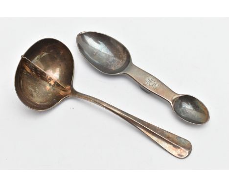 A GEORGE VI SILVER MINT SAUCE LADLE WITH PERFORATED DIVIDER TO THE BOWL AND A VICTORIAN SILVER DOUBLE ENDED MEDICINE SPOON, m