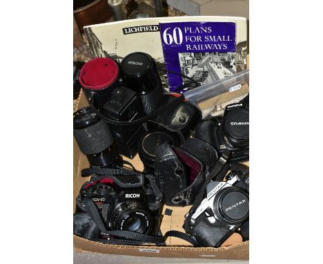 ONE BOX OF VINTAGE CAMERAS, to include a Ricoh KR-10 Super, a Pentax ME Super, an Olympus SP-570UZ camera, a Panagor semi fis