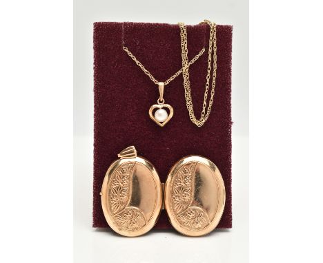 A 9CT GOLD LOCKET AND A PENDANT NECKLACE, oval floral detailed hinged locket, opens to reveal two photo compartments, fitted 