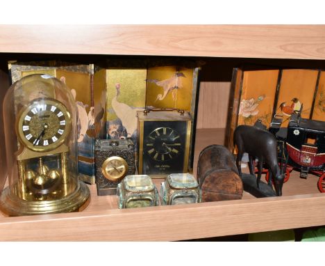 A GROUP OF CLOCKS AND ORIENTAL ORNAMENTS, comprising a games box decorated with a Japanese garden scene containing chips and 