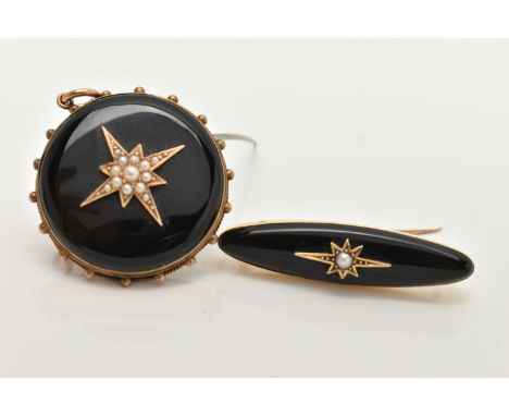TWO LATE VICTORIAN ONYX AND SPLIT PEARL MEMORIAL BROOCHES, the first of circular outline with central split pearl star and va