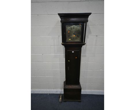 A GEORGIAN OAK 30 HOUR LONGCASE CLOCK, the square hood with cylindrical pillars, the glazed door is enclosing a brass 11 inch