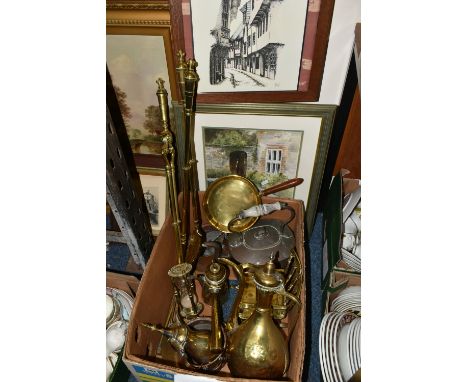 A BOX AND LOOSE METAL WARES AND PICTURES, to include a copper kettle with ceramic handle, two hammered copper pans, a brass c