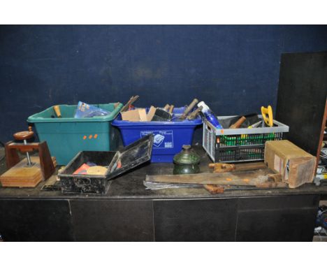 THREE TRAYS CONTAINING TOOLS including a vintage bottle jack, two vintage back saws, a 6in square, a marking gauge, etc (all 