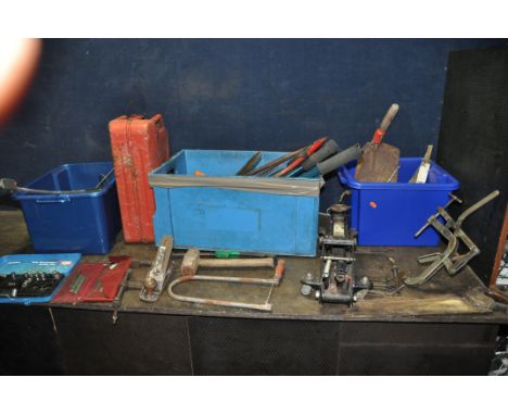 THREE TRAYS CONTAINING AUTOMOTIVE AND HAND TOOLS including two valve spring compressors, a trolley jack (no handle), a Rabone