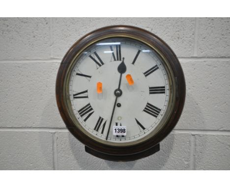 A MAHOGANY CIRCULAR SINGLE FUSEE WALL CLOCK, the glazed door enclosing a 9 inch enamel dial with Roman numerals, diameter 32c